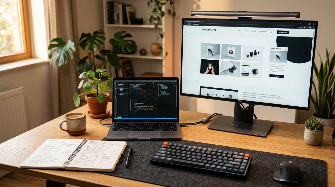 Nitai IT Solution web development workspace with dual monitors and code editor